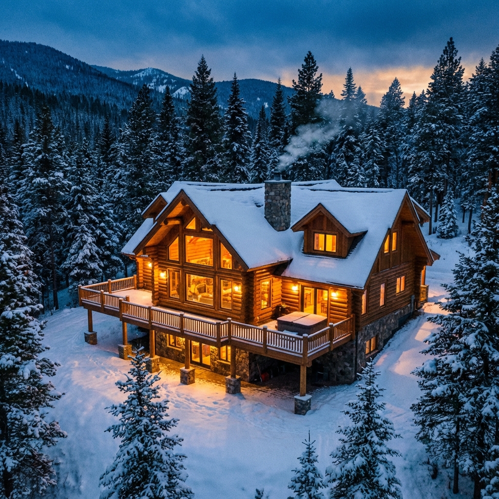 A cozy luxury cabin in a snowy pine forest with warm glowing windows at dusk.